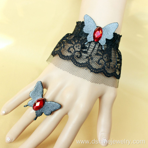 Imitation Leather Butterfly Crochet Lace Bracelet With Ring